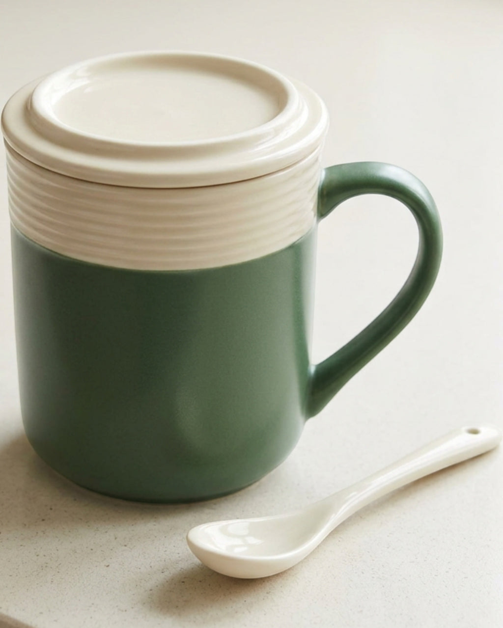 Klnxw Horizontal Rib Lidded Ceramic Coffee Mug 13 oz Forest Cream - Lifestyle view