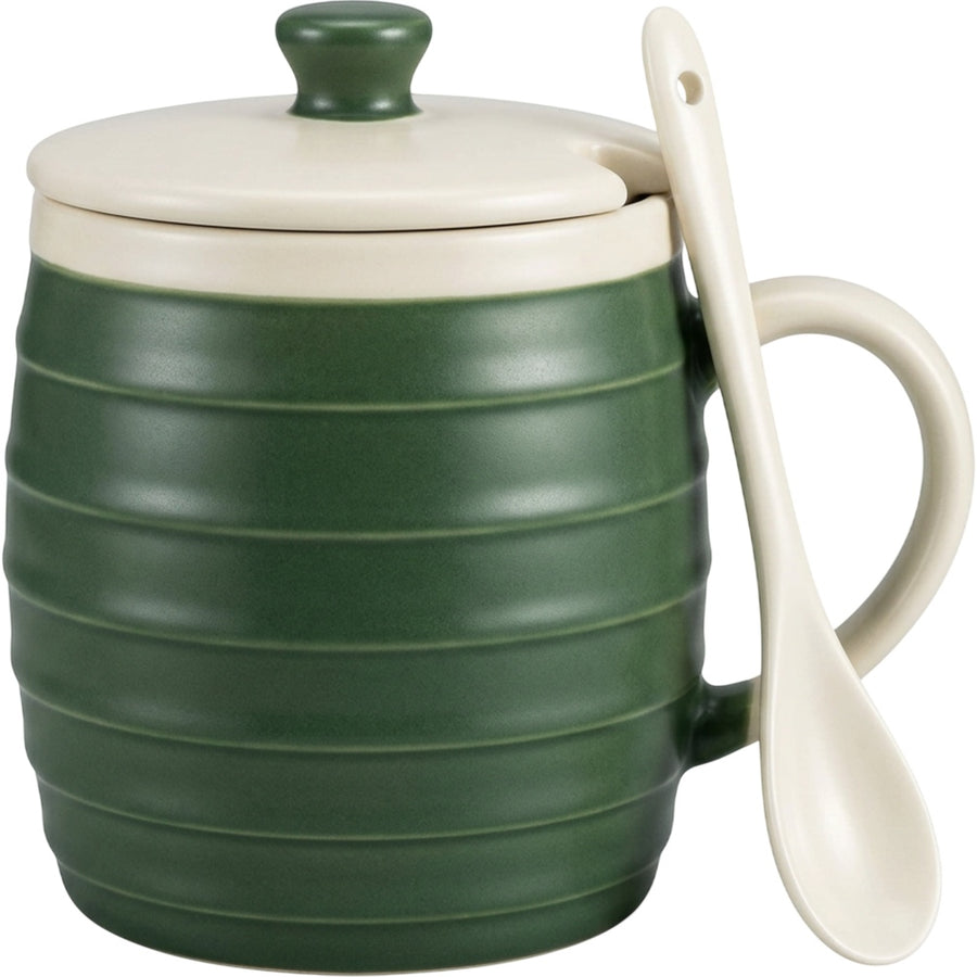 Klnxw Horizontal Rib Lidded Ceramic Coffee Mug 13 oz Forest Cream